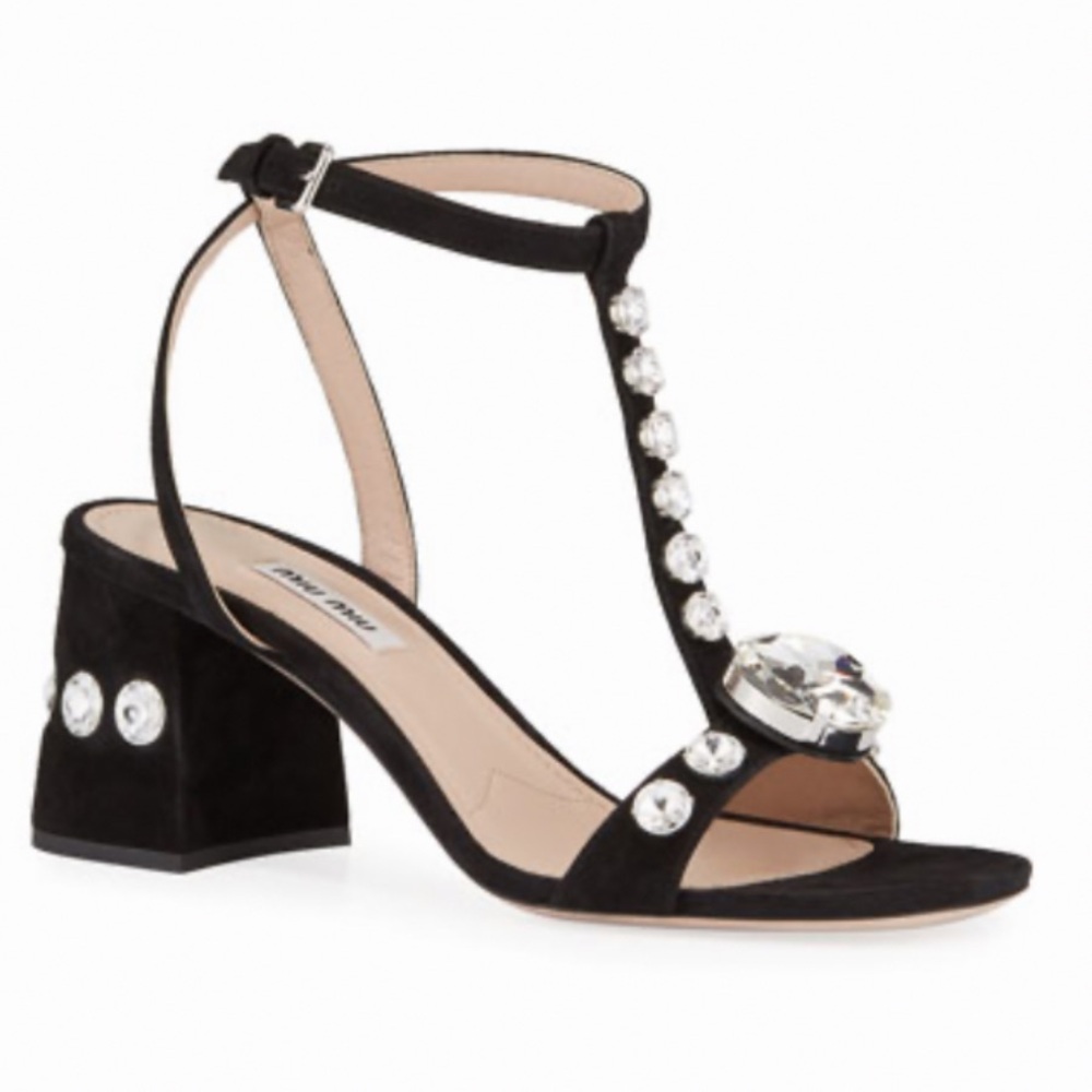 MIU MIU T-STRAP CRYSTAL SANDALS IN BLACK SUEDE WITH BLOCK HEEL SIZE US 8 - Picture 3 of 5